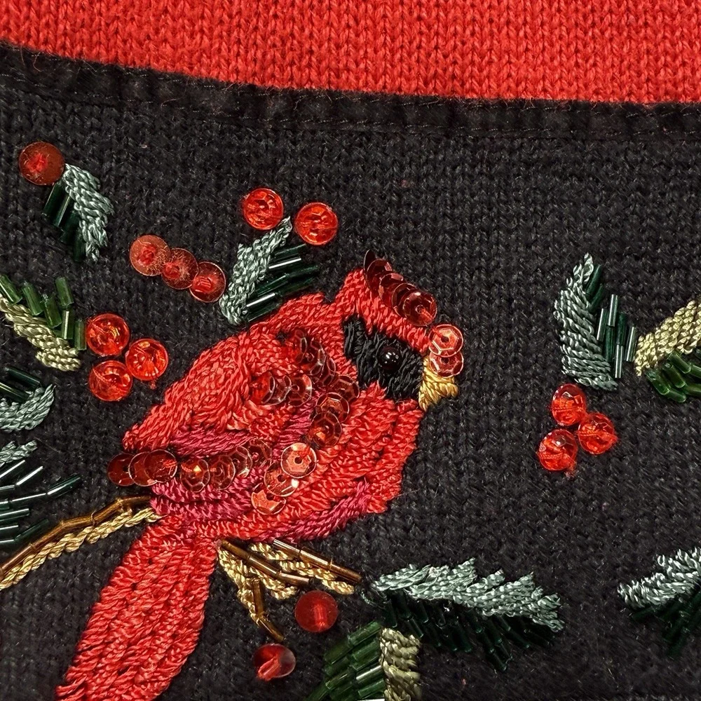 Vintage Tiara International Christmas Sweater Cardinal Birds Beaded Red‎ M
